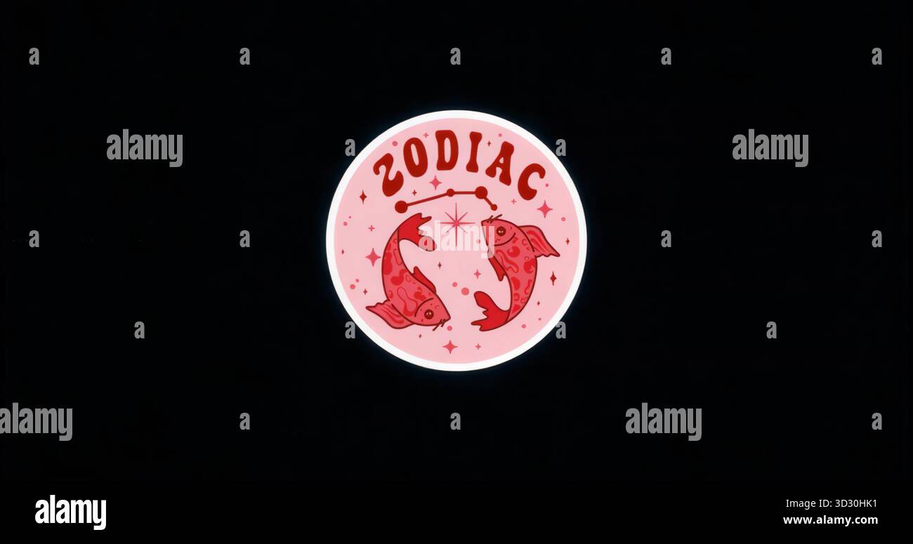 Mit Tierkreiszeichen auf schwarzer Leinwand mit stilisierten Fischen, Sternzeichen, Sternbildern und Funkeln Stockfoto