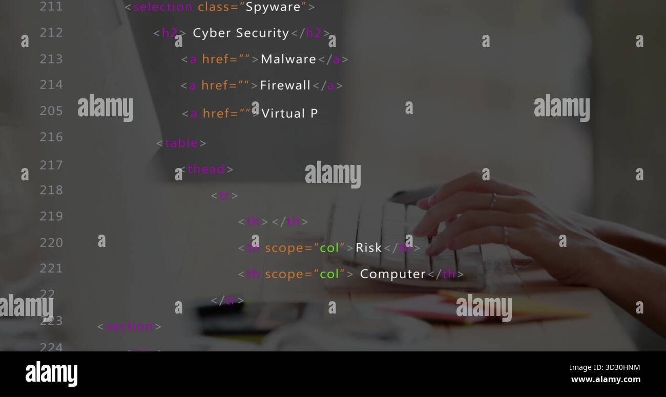 Hände, die den HTML-Code für Cybersicherheit auf dem Laptop am Schreibtisch eingeben und Notebook, Stift und Smartphone zeigen Stockfoto