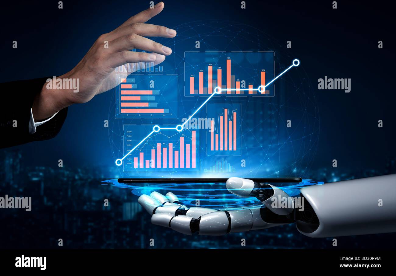 Eine menschliche Hand und eine Roboterhand interagieren über digitalen Karten und symbolisieren die Verschmelzung von Technologie und Finanzen. Diese Abbildung zeigt dynamische Daten und Stockfoto