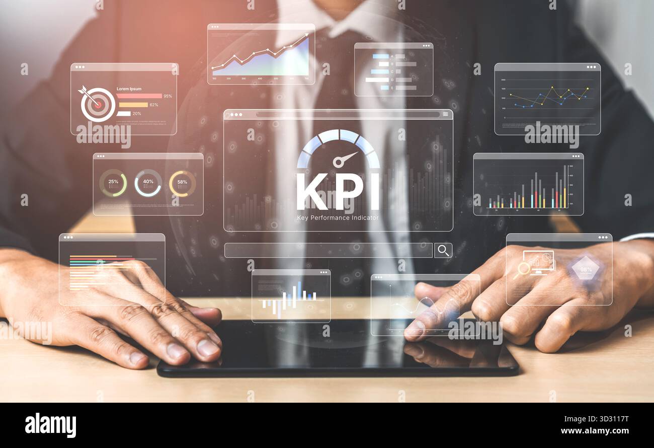 Ein Business Intelligence-Dashboard, das verschiedene Key Performance Indicators (KPI) anzeigt. Die Datenvisualisierung verfolgt Geschäftskennzahlen und -Kennzahlen pro Stockfoto