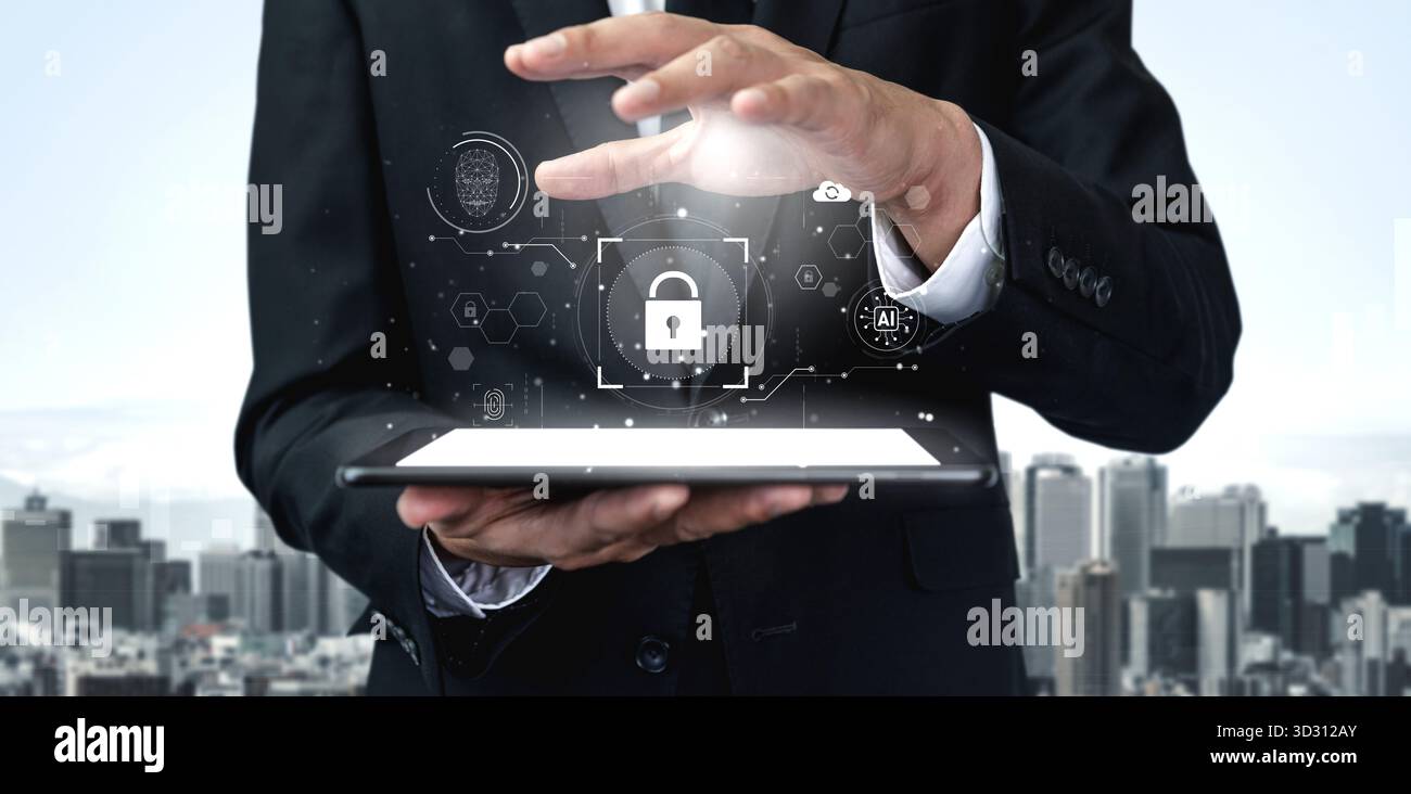 KI-Cybersicherheitssystem mit biometrischer Authentifizierung und Datenschutzkontrolle. Cybersicherheit schützt Identität, Cybersicherheit erkennt Bedrohungen, Cybersec Stockfoto