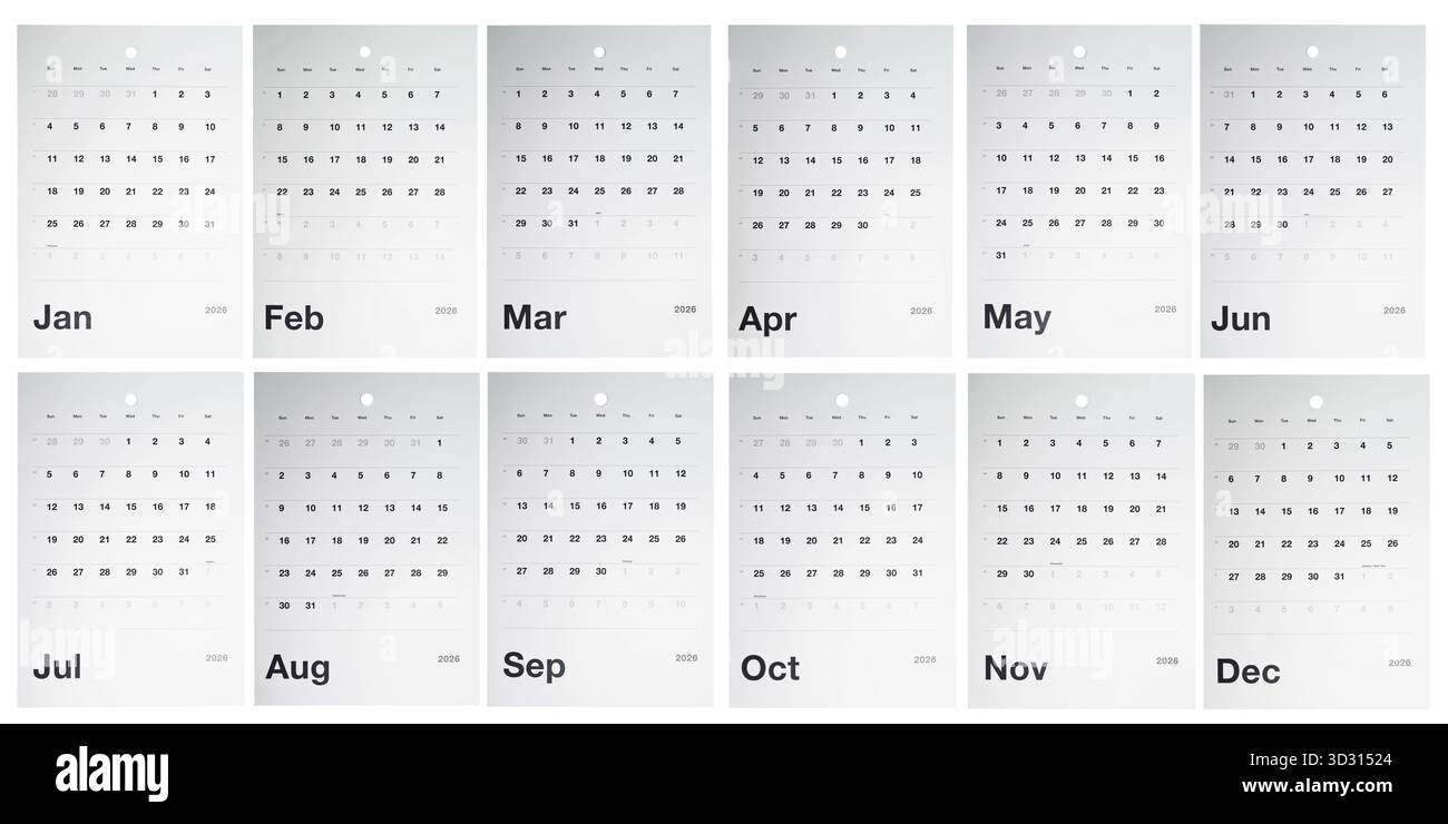 Kalenderlayout mit allen zwölf Monaten des Jahres auf weißem Hintergrund. Konzept von Zeit oder Plan Stockfoto