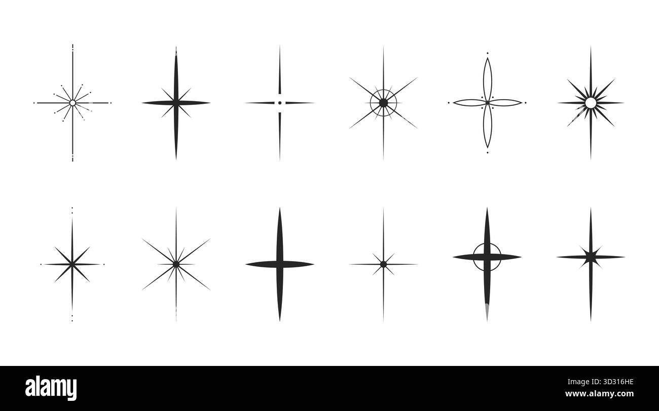Sparkle Stars Kollektion. Minimalistisches Sternenset. Bundle in Sonnenschliff-Form. Vektorabbildung Stock Vektor