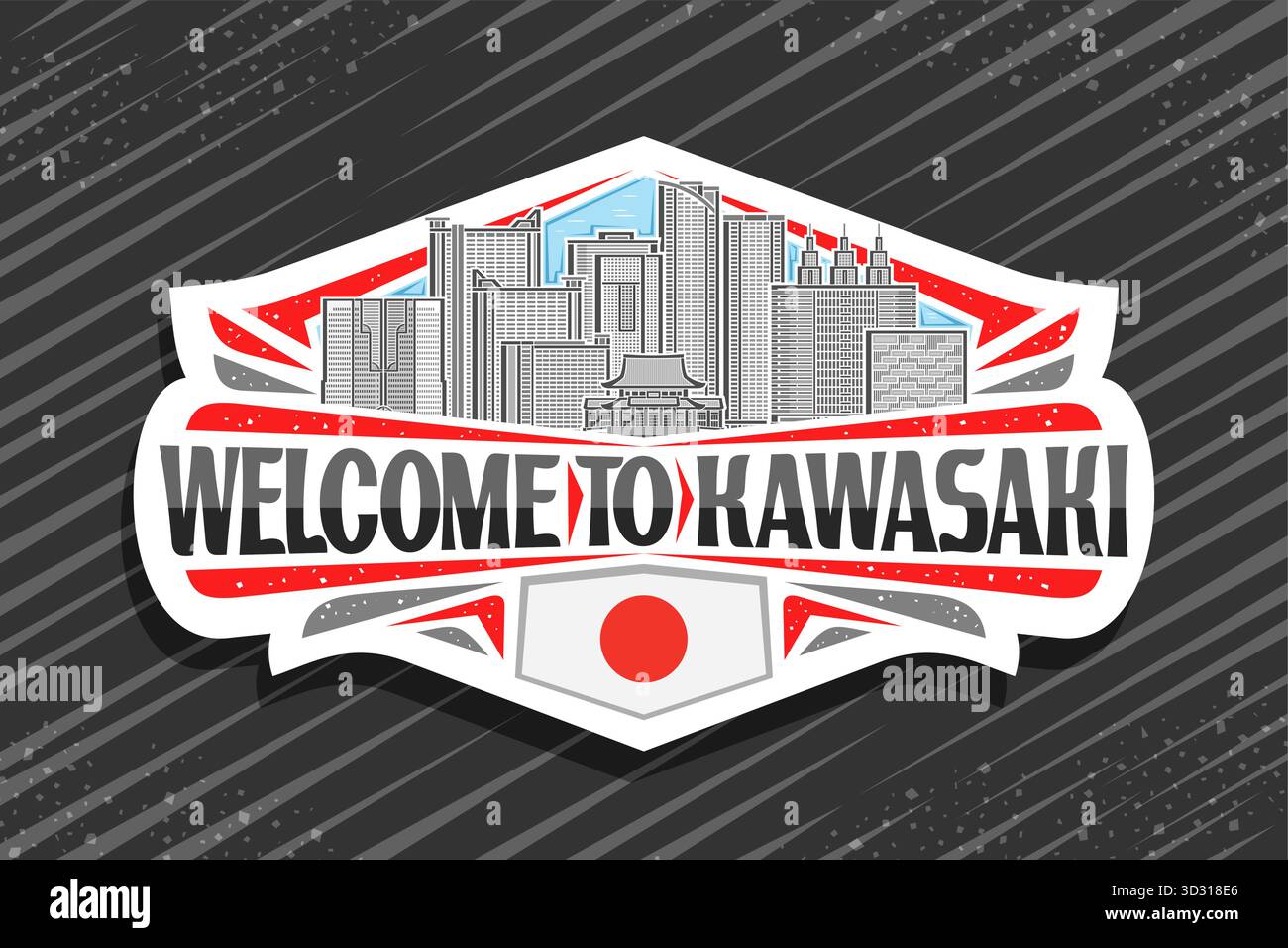 Vektor-Logo für Kawasaki, dekoratives geschnittenes Papieretikett mit Umrissillustration der Panorama-kawasaki-Stadtlandschaft auf Tageshimmel-Hintergrund, Kunstdesign-Frid Stock Vektor