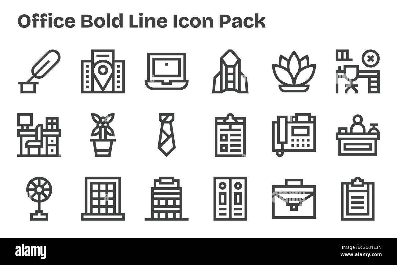 Eine übersichtliche Sammlung von 18 Bold Line Symbolen für Office, die für moderne Dashboards und Schnittstellen entwickelt wurden. Stock Vektor