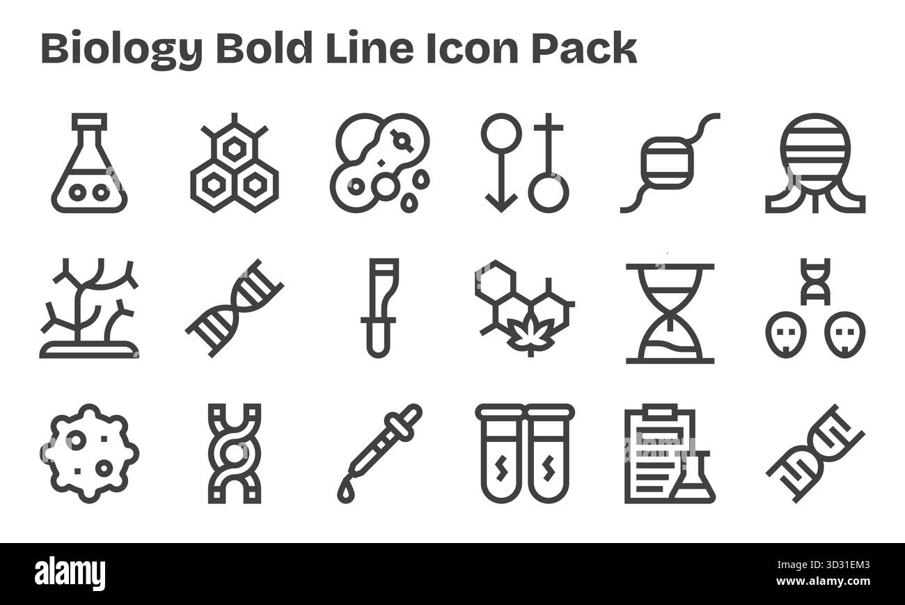 Ein dynamischer Satz von 18 Symbolen im Bold Line-Stil, speziell für die Biologie und für digitale Produkte geeignet. Stock Vektor