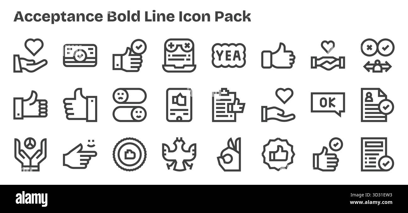 Entdecken Sie eine Reihe von 24 Bold Outline-Symbolen, die speziell für das Akzeptanzthema entwickelt wurden und sich ideal für moderne UI/UX-Projekte eignen. Stock Vektor