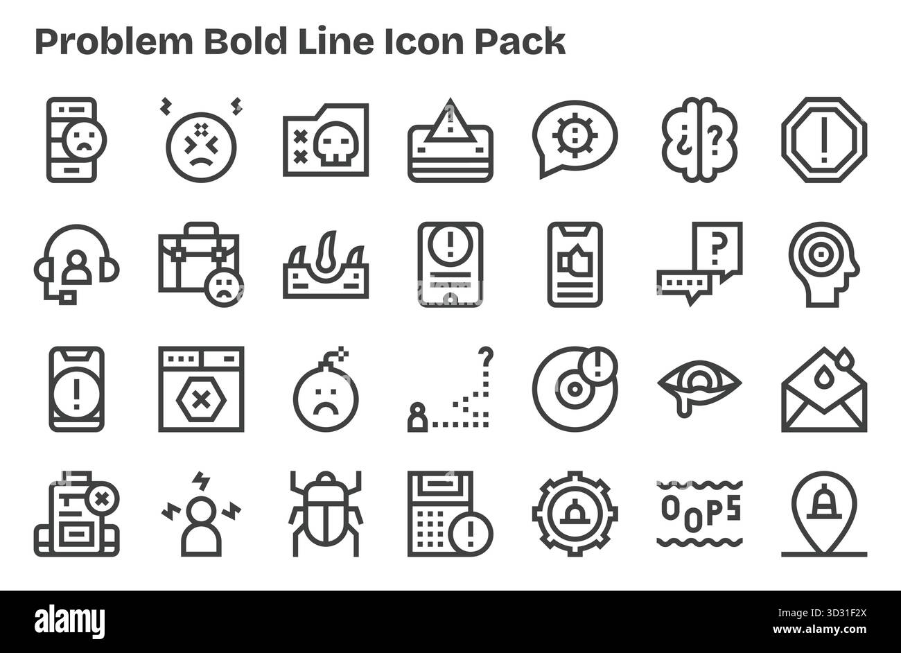 Ein vielseitiger Satz von 28 Vektorsymbolen mit extra fetten Linien für Probleme, ideal für mobile Anwendungen und Webanwendungen. Stock Vektor
