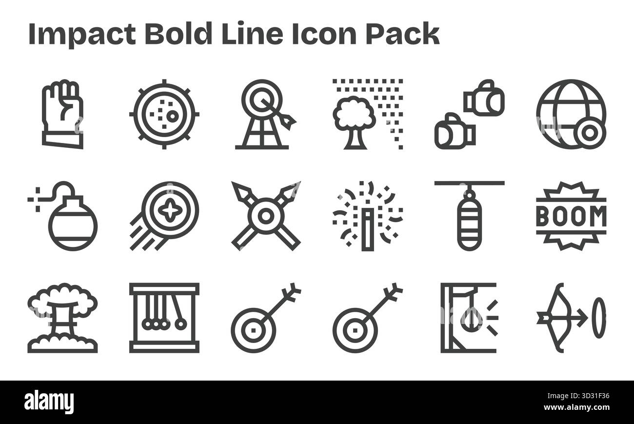 Entdecken Sie ein Set von 18 Bold Line Symbolen, die speziell für das Impact-Design entwickelt wurden und sich ideal für moderne UI/UX-Projekte eignen. Stock Vektor