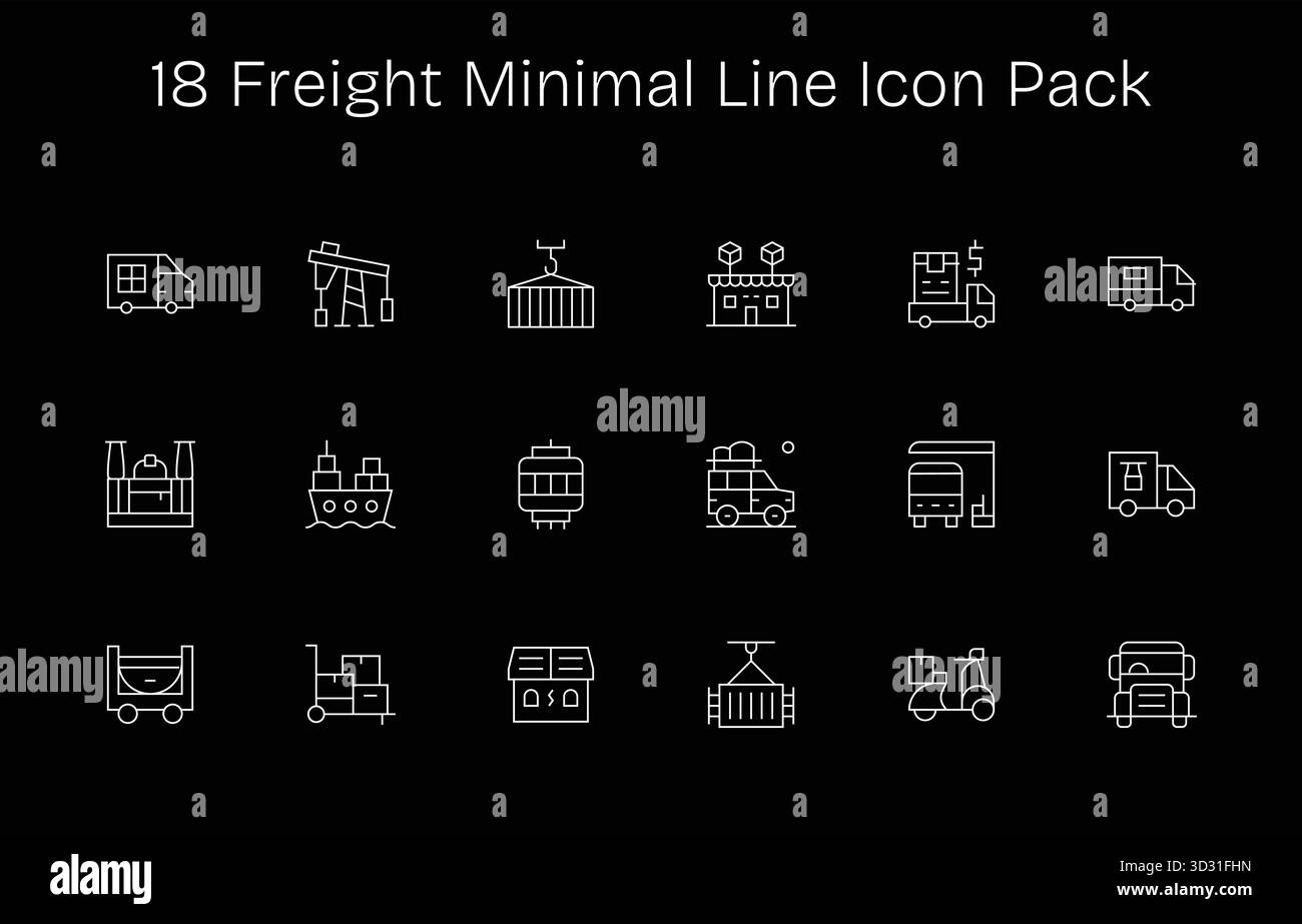 Ein dynamischer Satz von 18 Symbolen im Minimal Line-Stil, speziell für den Frachtbereich und für digitale Produkte. Stock Vektor