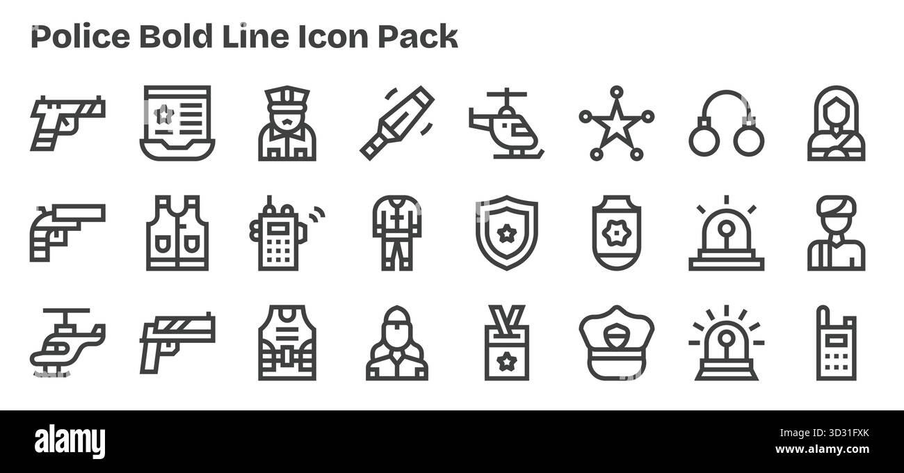 Laden Sie 24 skalierbare, fettgedruckte Symbole für die Polizei herunter, die für professionelle und kreative Projekte geeignet sind. Stock Vektor