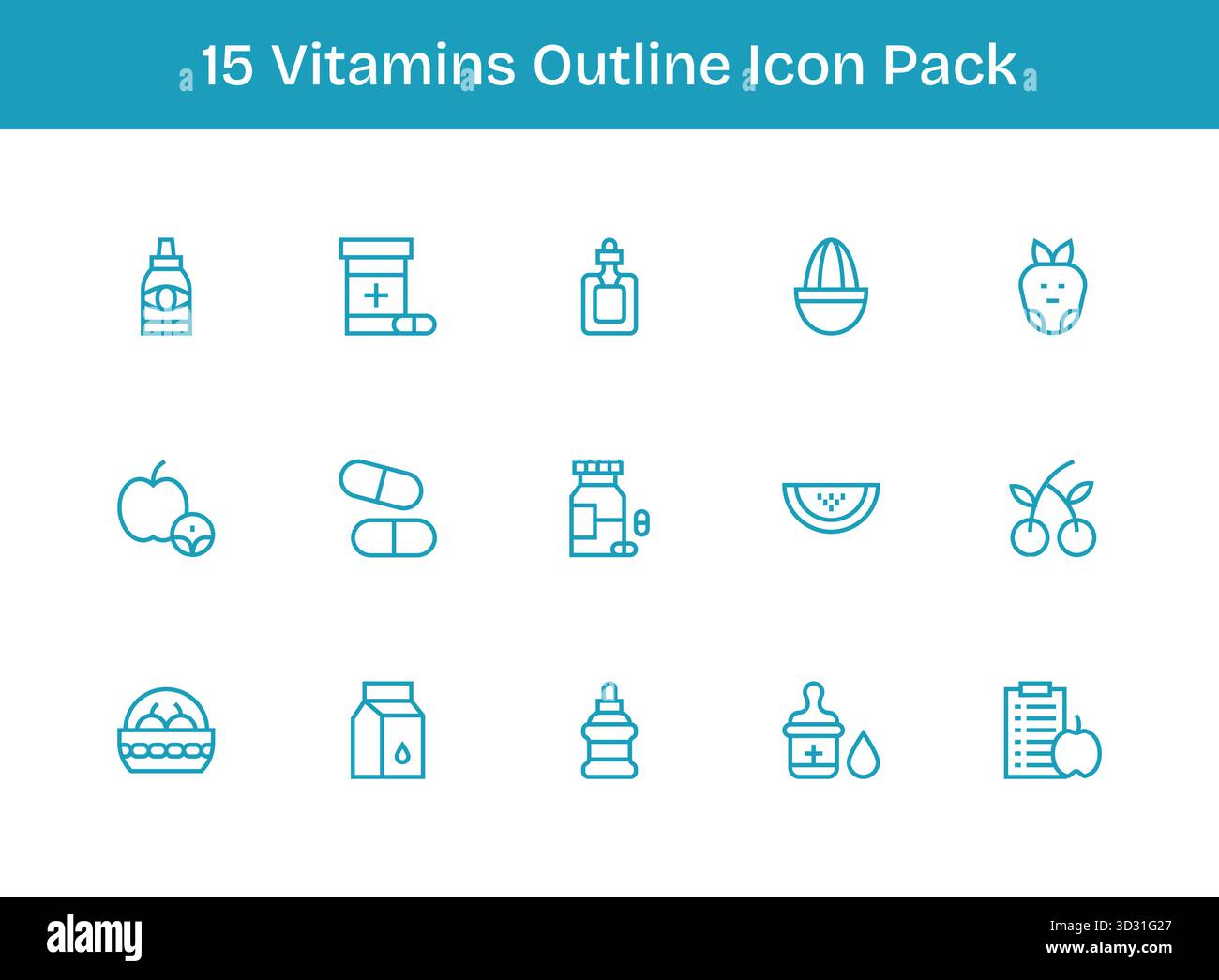 Ein vielseitiges Set aus 15 Vektorsymbolen für die Konturierung von Vitaminen, ideal für mobile und Web-Anwendungen. Stock Vektor