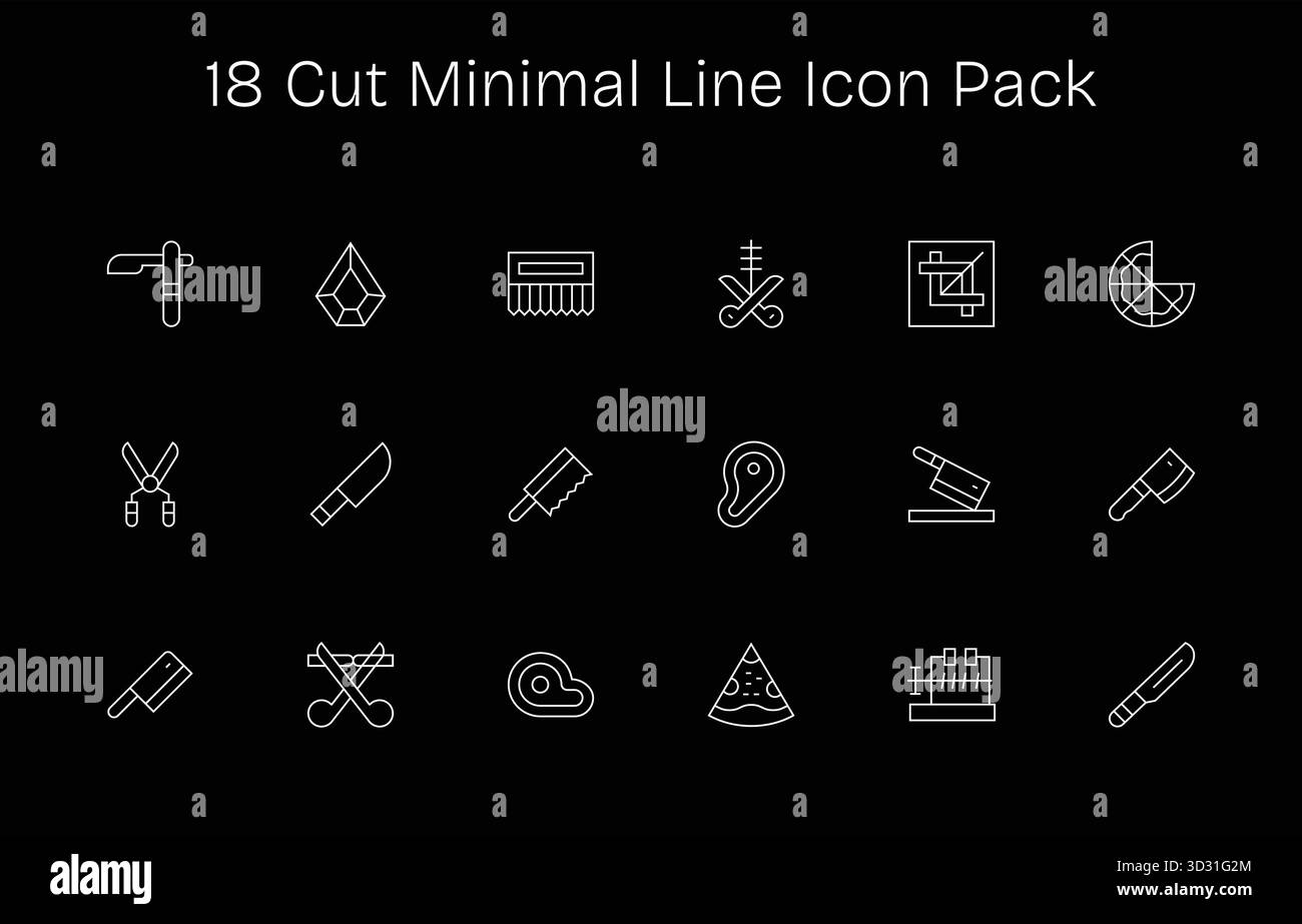 Diese Kollektion umfasst 18 Symbole im minimalen Stil, die speziell auf das Cut-Thema abgestimmt sind und sich hervorragend für digitales Design eignen. Stock Vektor