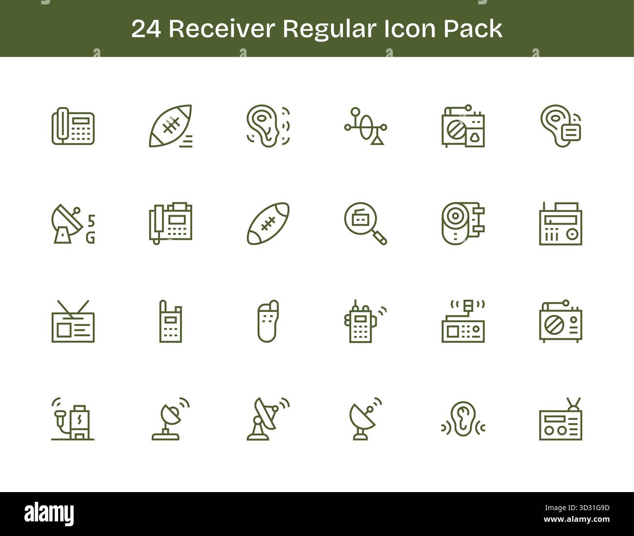 Ein vielseitiger Satz von 24 Vektorsymbolen mit normaler Kontur, die sich auf Empfänger konzentrieren, ideal für mobile und Web-Anwendungen. Stock Vektor