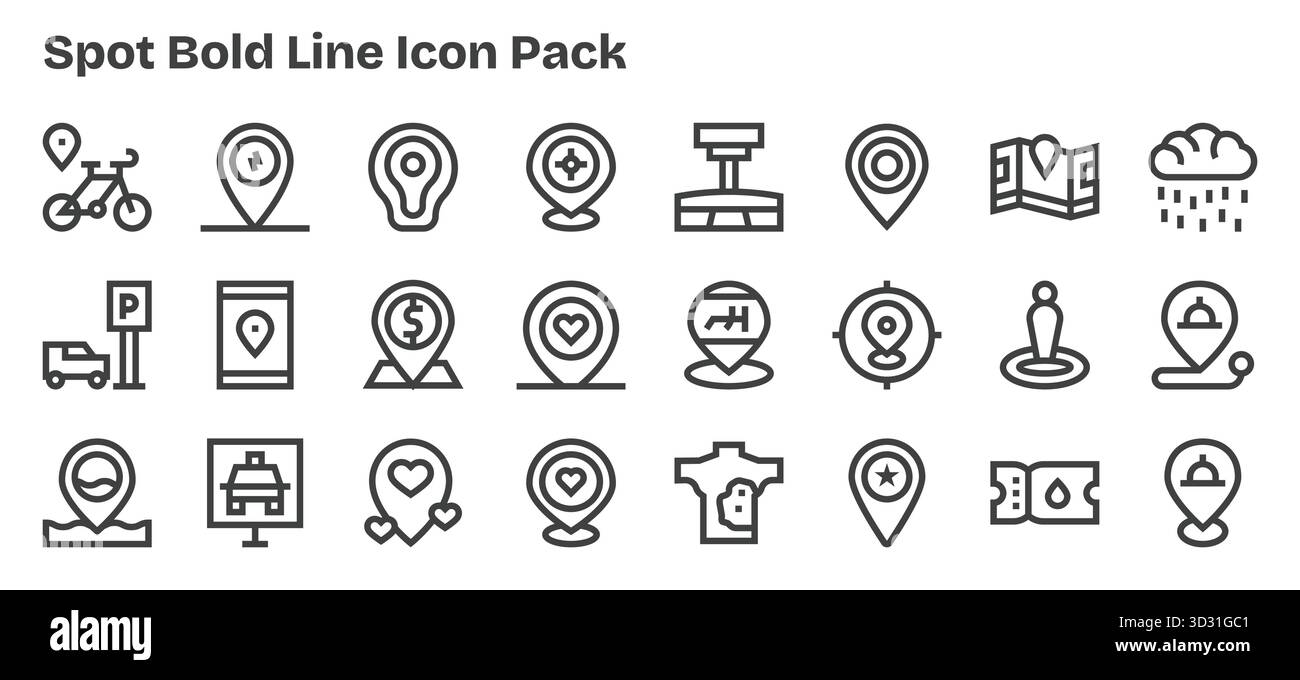 Ein vielseitiger Satz von Vektorsymbolen mit 24 fett formatierten Konturen, die sich auf Spot konzentrieren und ideal für mobile und Web-Anwendungen geeignet sind. Stock Vektor