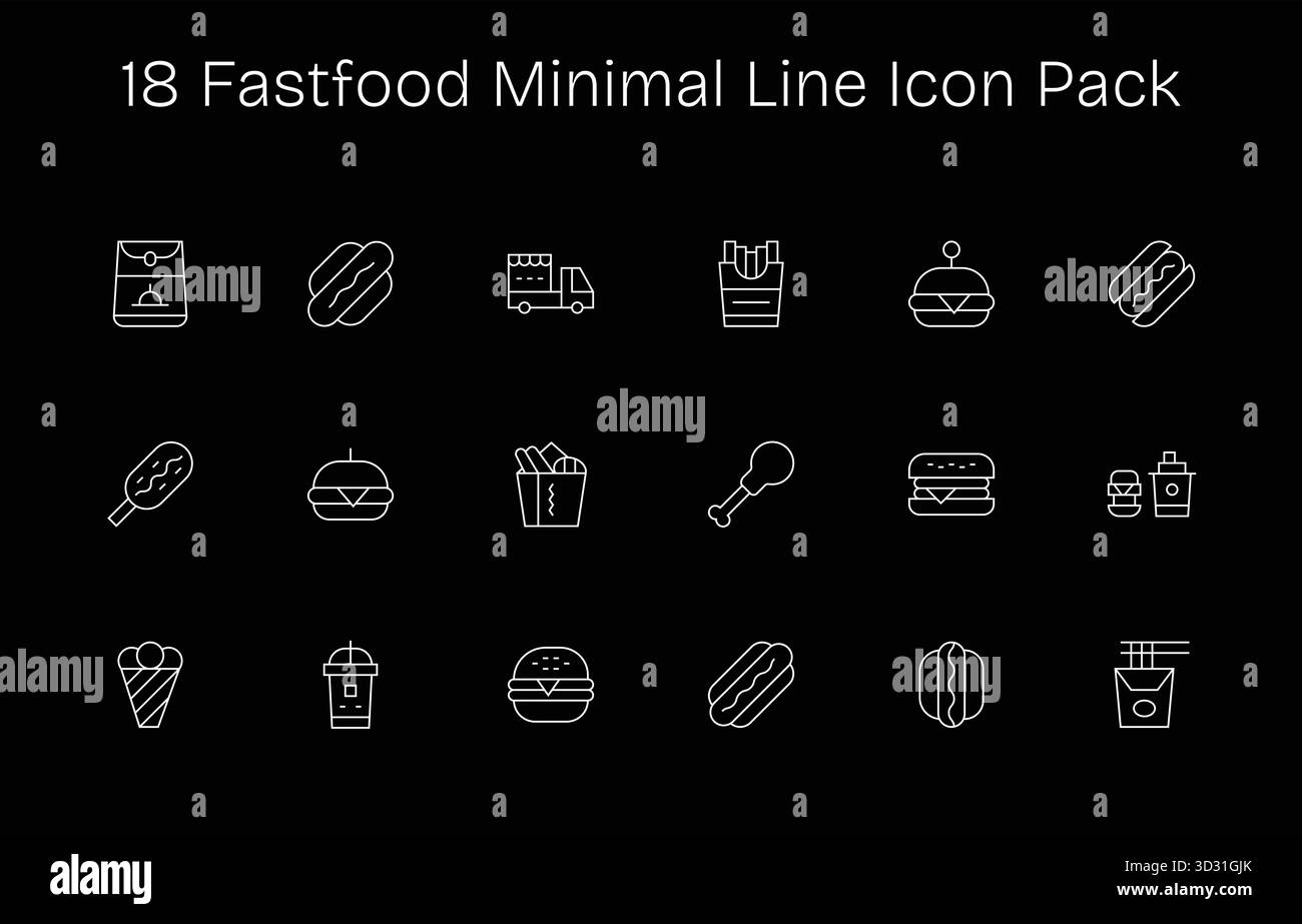 Professionell gestaltete 18 Symbole im Minimal Line-Stil, die das Wesen von Fastfood für UI-Design einfangen. Stock Vektor