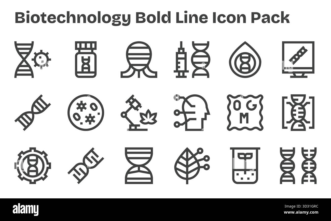 Eine übersichtliche Sammlung von 18 Bold Line Symbolen für Biotechnologie, entwickelt für moderne Dashboards und Schnittstellen. Stock Vektor