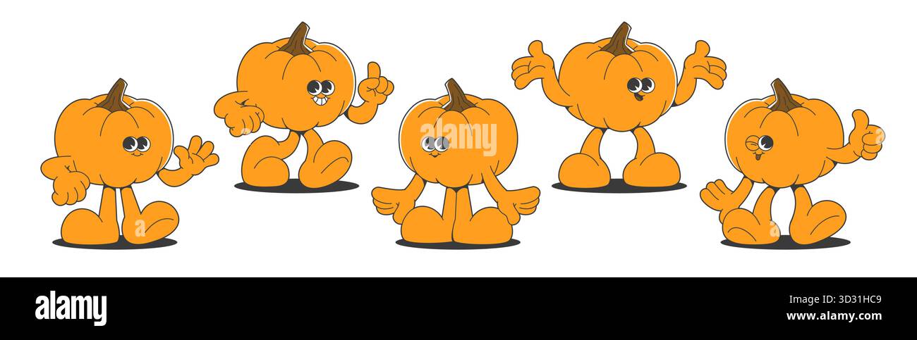 Retro-Kürbis-Charakter mit groovigen Comic-Gemüsemaskottchen im Vintage-Herbst-Stil. Niedliche, ausdrucksstarke Figuren in fröhlichen Posen – Daumen hoch, schwenkende Hände und verspielte Gesten vor weißem Hintergrund. Stock Vektor