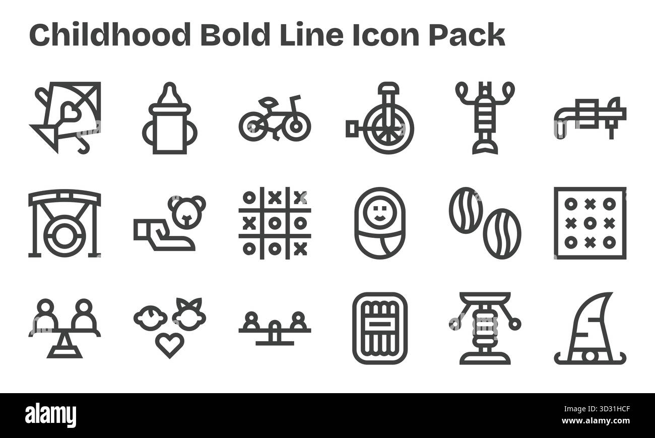 Set aus 18 Symbolen im Stil der Bold Line, die sich um die Kindheit drehen und für die nahtlose Integration in Apps und Websites entwickelt wurden. Stock Vektor