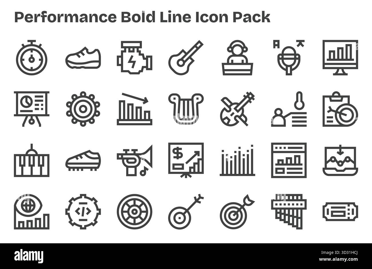 Entdecken Sie ein Set von 28 besonders fetten Linien-Symbolen, die speziell für das Leistungsthema entwickelt wurden und sich ideal für moderne UI/UX-Projekte eignen. Stock Vektor