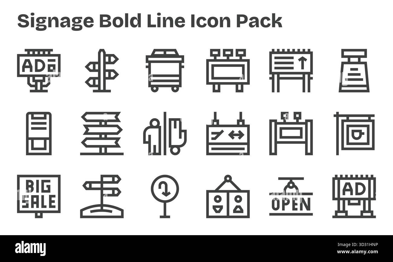 Entdecke 18 Vektorsymbole im Bold Line-Stil, die von Signage inspiriert sind. Perfekt für Web- und App-Schnittstellen. Stock Vektor