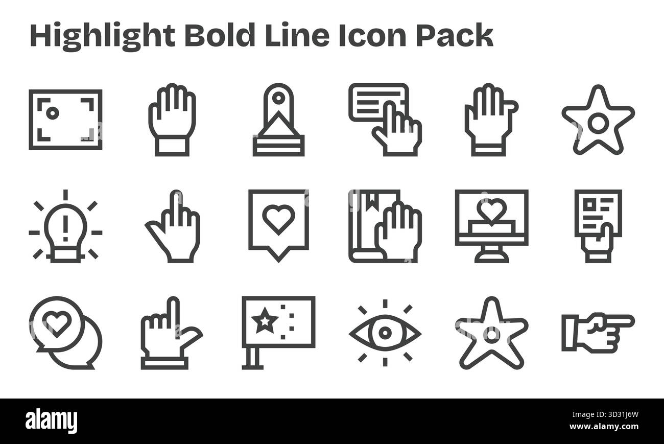 Vektorpaket mit 18 Bold Line Symbolen, inspiriert von Highlights, ideal für skalierbare und kreative Designarbeiten. Stock Vektor