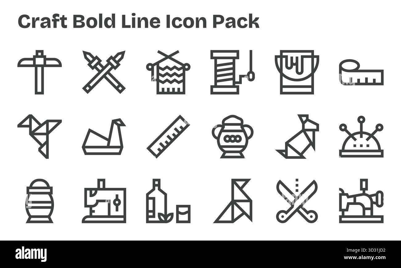 Diese Kollektion umfasst 18 Symbole im Stil der Bold Line, die speziell auf das Craft-Thema zugeschnitten sind und sich hervorragend für digitales Design eignen. Stock Vektor