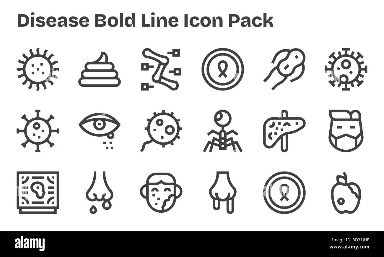 Entdecken Sie 18 Vektorsymbole im Stil von Bold Line, die von Krankheiten inspiriert sind. Perfekt für Web- und App-Schnittstellen. Stock Vektor