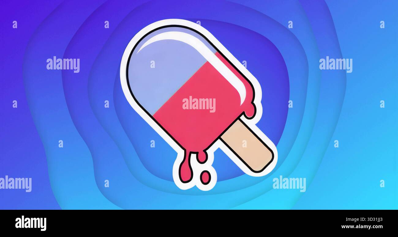 Popsicle-Grafik mit roten und blauen Hälften, die auf dem Hintergrund des Verlaufs schmelzen, auf Holzstock Stockfoto