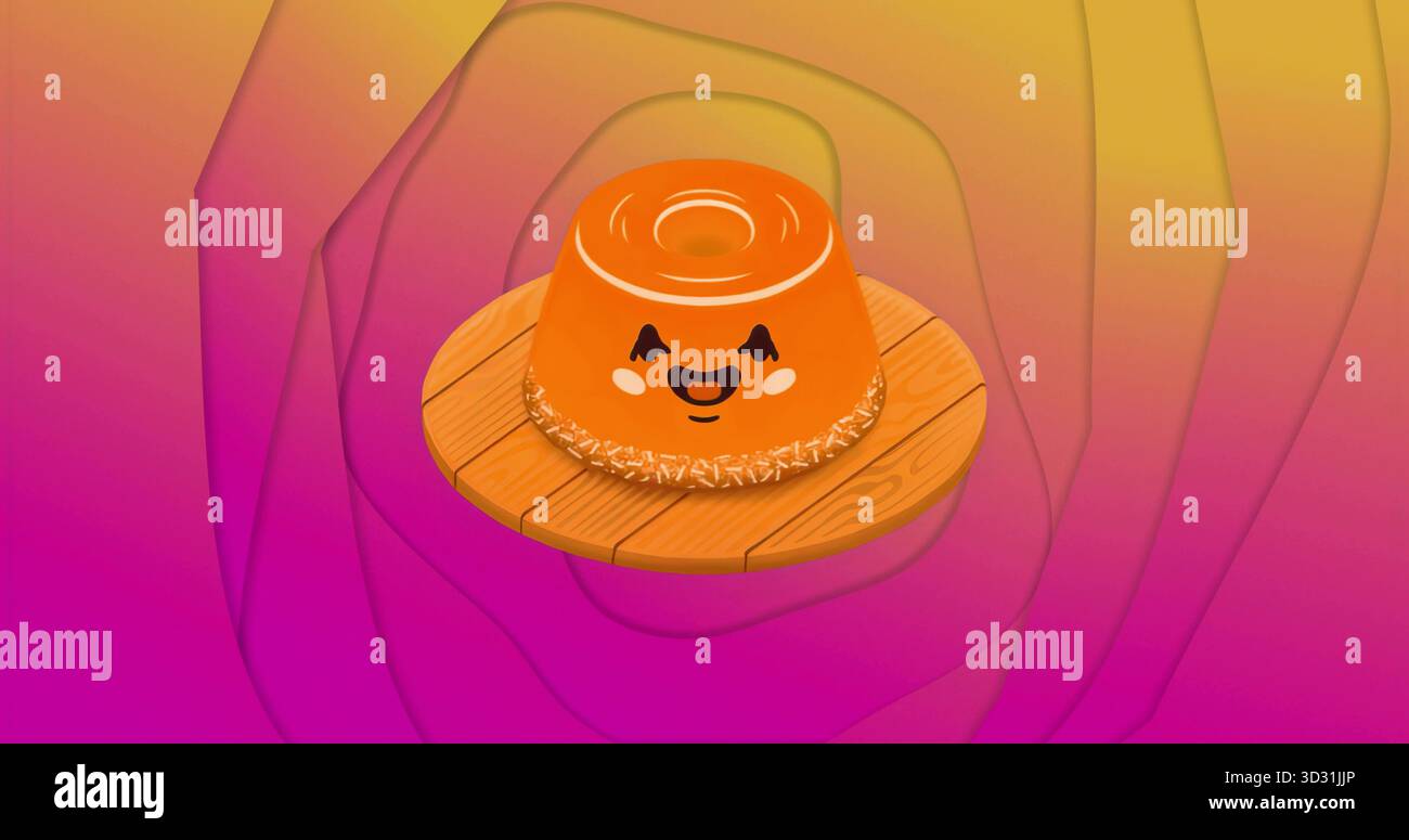 Mit einem Lächeln auf rundem Holzbrett im Cartoon-Stil und einem Hintergrund mit Farbverlauf Stockfoto
