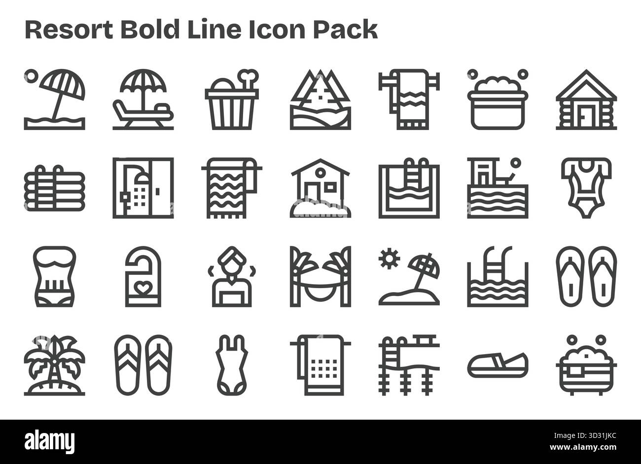 Laden Sie 28 skalierbare Extra Bold Line Icons für Resort herunter, die für professionelle und kreative Projekte geeignet sind. Stock Vektor