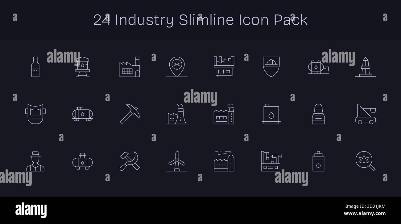 Diese Kollektion umfasst 24 Symbole im Slim Line-Stil, die speziell auf das Thema „Industrie“ zugeschnitten sind und sich hervorragend für digitales Design eignen. Stock Vektor