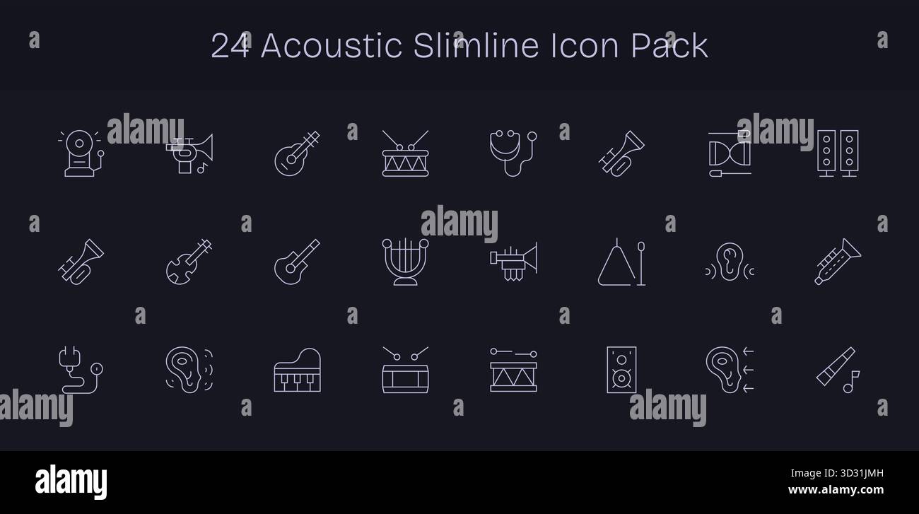 Kuratiertes Paket mit 24 Vektorsymbolen im schlanken Design, das sich um akustische Konzepte dreht. Stock Vektor
