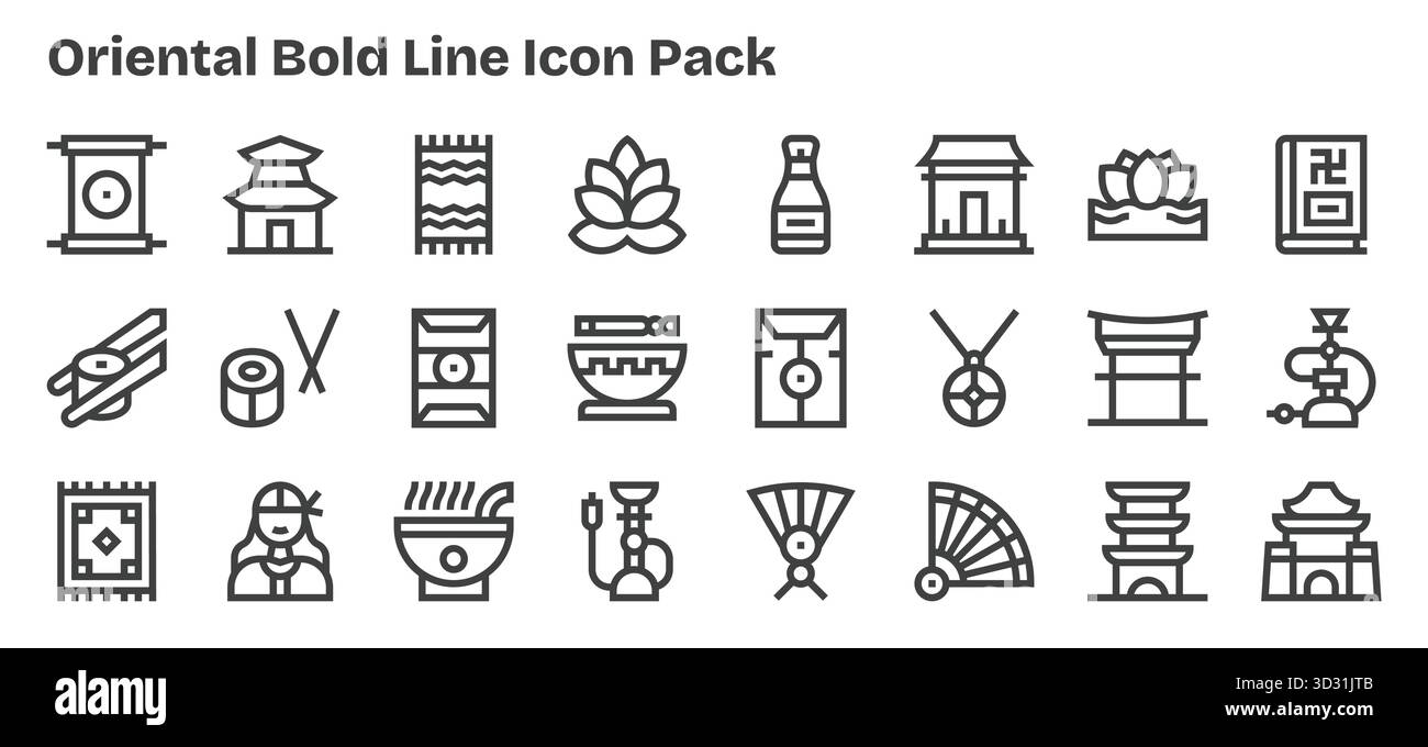 Professionell gestaltete 24 Ikonen im Bold Outline-Stil, die das Wesen des Orientalischen für das UI-Design einfangen. Stock Vektor