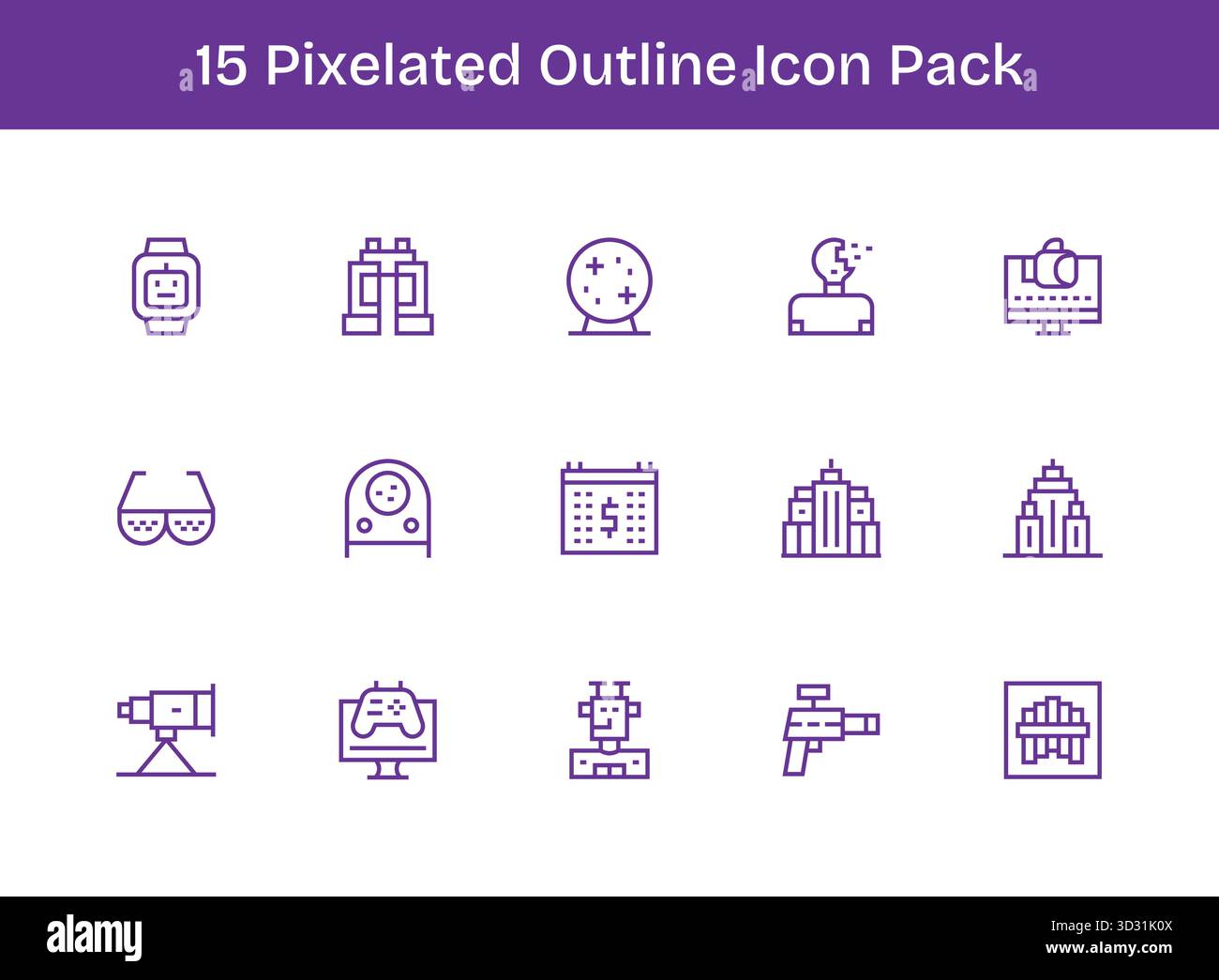 Set aus 15 Symbolen im Outline-Stil, die sich um pixelig drehen und für die nahtlose Integration in Apps und Websites konzipiert sind. Stock Vektor