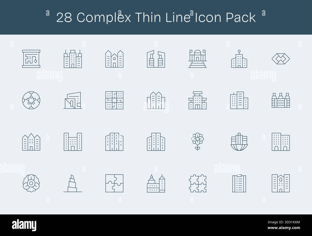 Ein vielseitiger Satz von 28 Thin Line Vektorsymbolen, die sich auf komplexe Bereiche konzentrieren und ideal für mobile Anwendungen und Webanwendungen geeignet sind. Stock Vektor