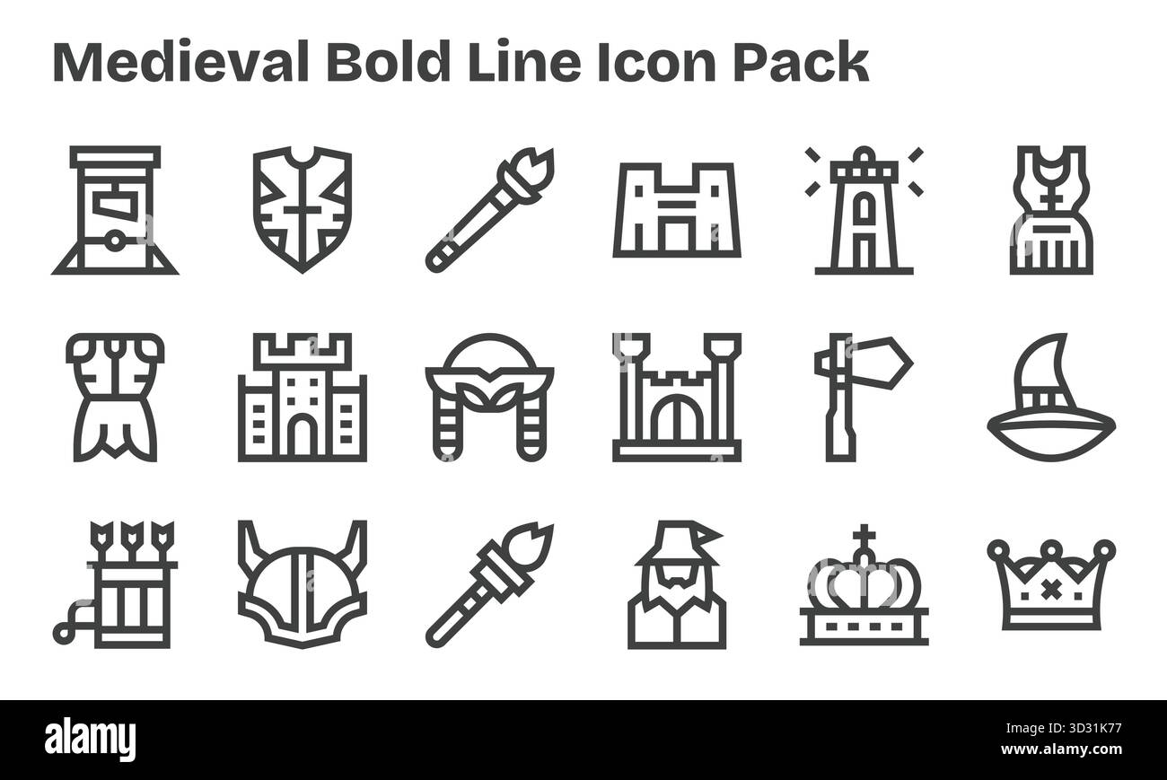 Entdecken Sie ein Set von 18 Bold Line Symbolen, die für das mittelalterliche Design entwickelt wurden und ideal für moderne UI/UX-Projekte geeignet sind. Stock Vektor