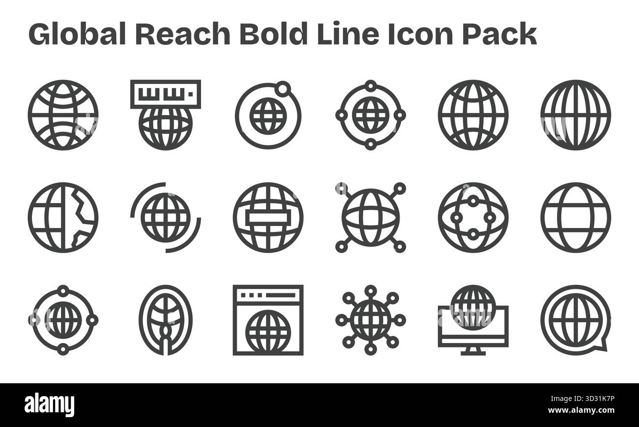 Sammlung von 18 Vektorsymbolen im Bold Line-Stil für globale Reichweite, entwickelt für Klarheit und Vielseitigkeit. Stock Vektor