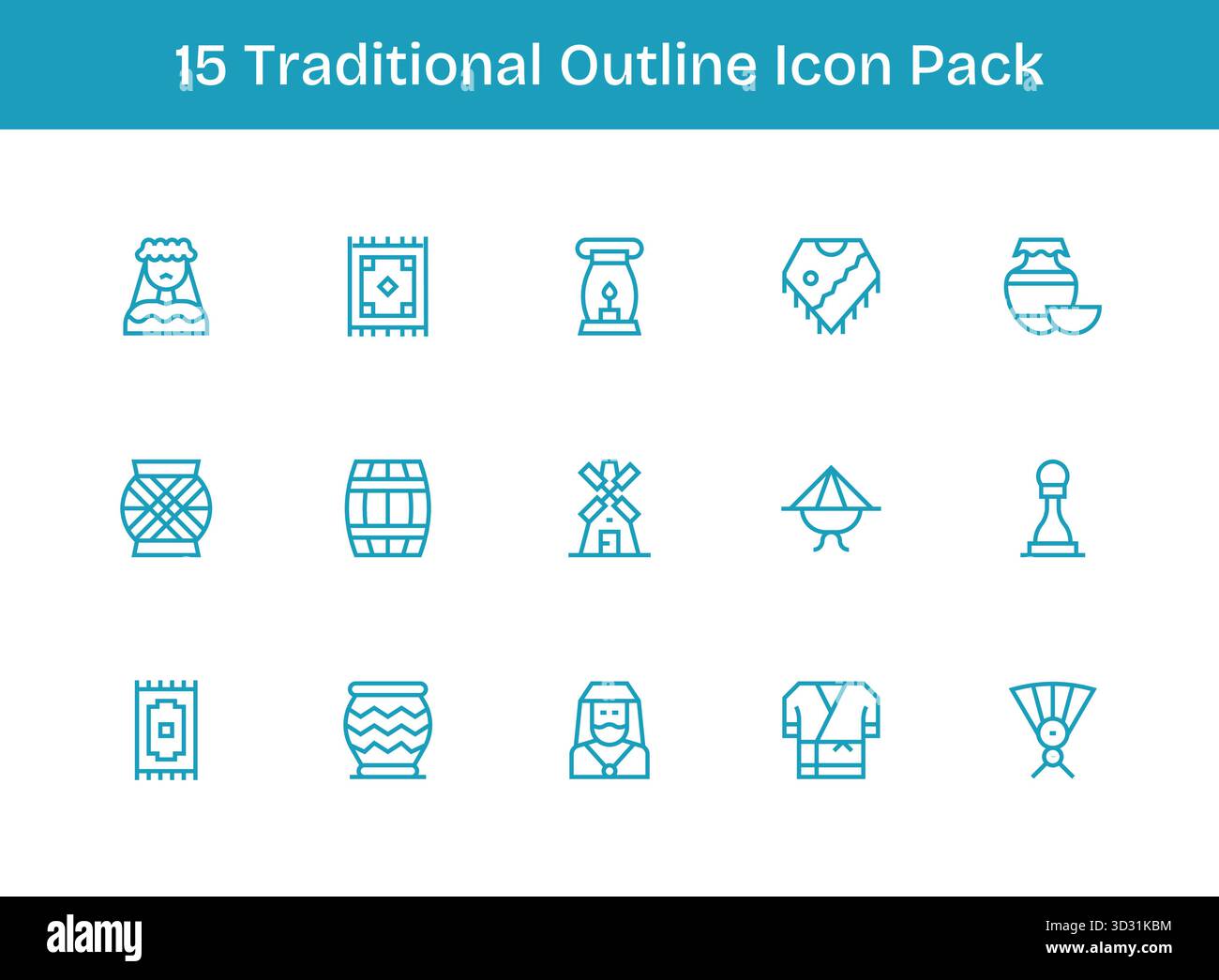Ein vielseitiger Satz von 15 Konturvektorsymbolen, die sich auf herkömmliche Vektorsymbole konzentrieren und ideal für mobile und Web-Anwendungen geeignet sind. Stock Vektor