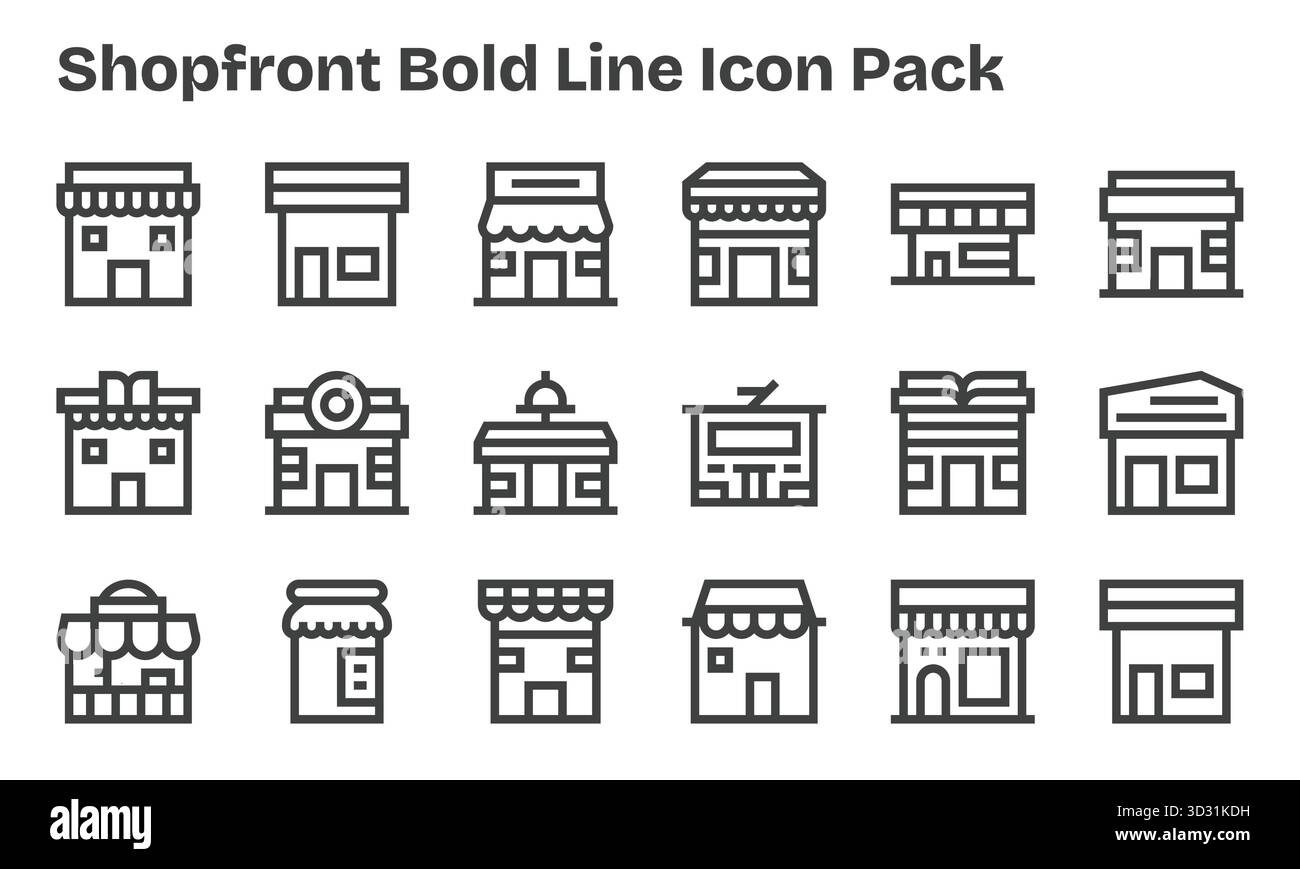 Kuratiertes Paket mit 18 Vektorsymbolen im Bold Line-Design, das sich um Ladenkonzepte dreht. Stock Vektor