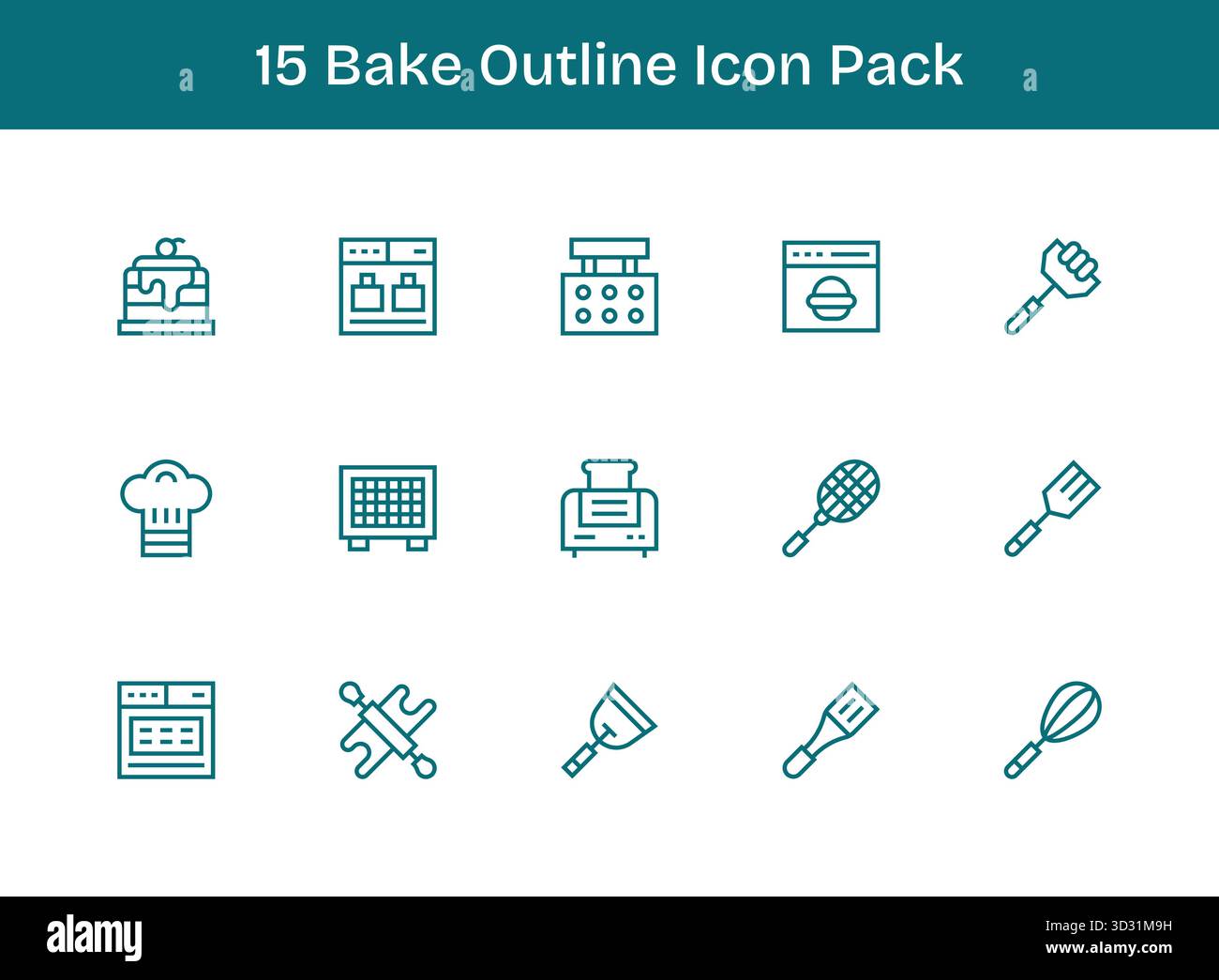 Ein vielseitiger Satz von 15 Konturvektorsymbolen mit Fokus auf Bake, ideal für mobile und Web-Anwendungen. Stock Vektor