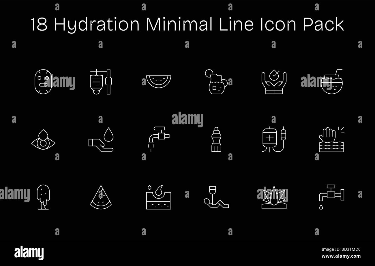 Set aus 18 Symbolen im Minimal Line-Stil, die sich mit Hydration beschäftigen und für die nahtlose Integration in Apps und Websites entwickelt wurden. Stock Vektor