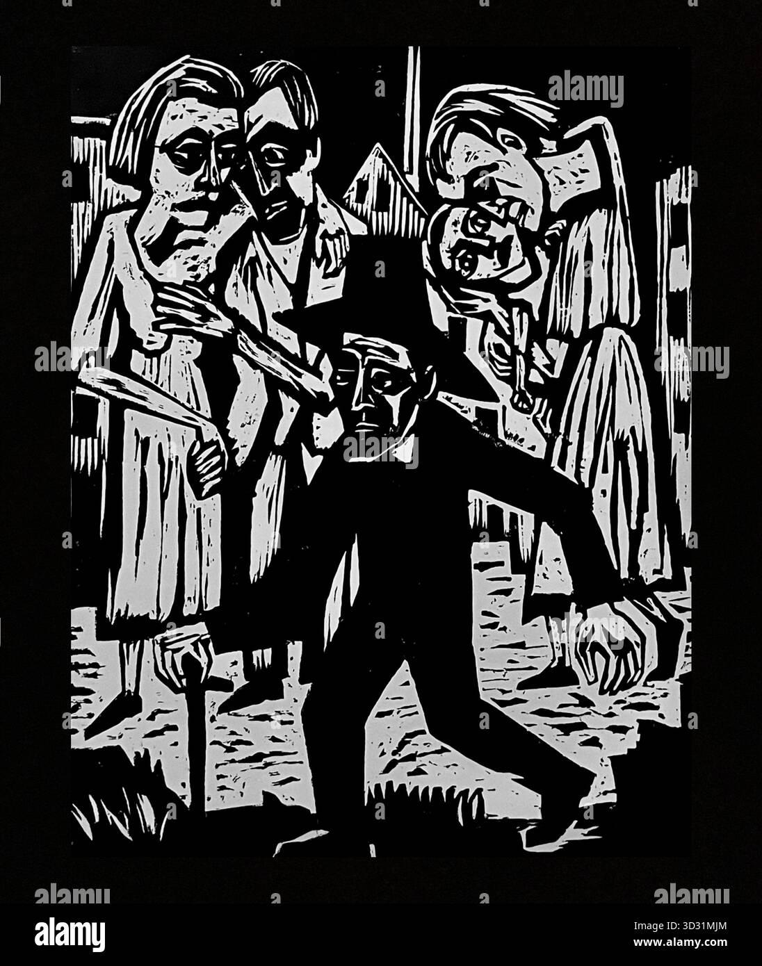 Hermann Scherer - Rodion Raskolnikov - der Ausländer - der Fremde - der Holzschnitt verwendet starke Schwarz-weiß-Kontraste und scharfe, kantige Linien, um starke Emotionen zu vermitteln. Die zentrale Figur, der „Fremde“ in einem Hut, wird dargestellt, wie sie sich durch eine verzerrte urbane Szene bewegt, verstohlen oder isoliert wirkt. Die Menschen, die ihn umgeben, scheinen sich in ihren eigenen intensiven Interaktionen zu engagieren oder Ausdruck von Angst und Überraschung zu zeigen, was die Trennung des Fremden von der Gesellschaft und das Thema der existentiellen Angst betont, die in Scherers Werk üblich ist Stockfoto