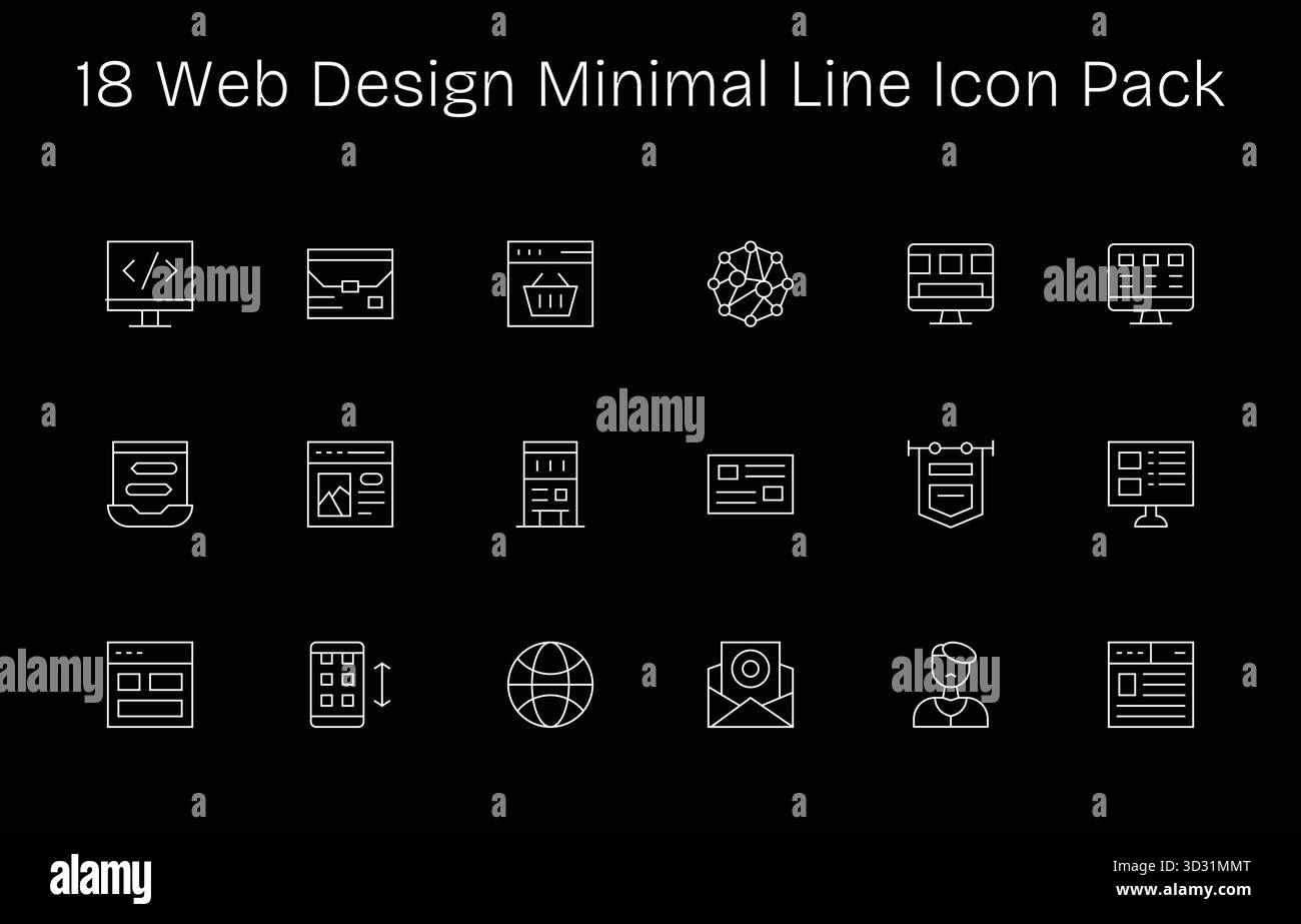 Laden Sie 18 skalierbare Minimal Line-Symbole für Web Design herunter, die für professionelle und kreative Projekte geeignet sind. Stock Vektor
