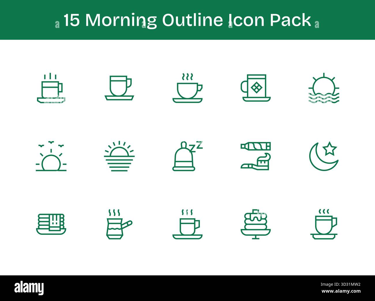 Ein vielseitiger Satz von 15 Konturvektorsymbolen mit Fokus auf den Morgen, ideal für mobile und Web-Anwendungen. Stock Vektor