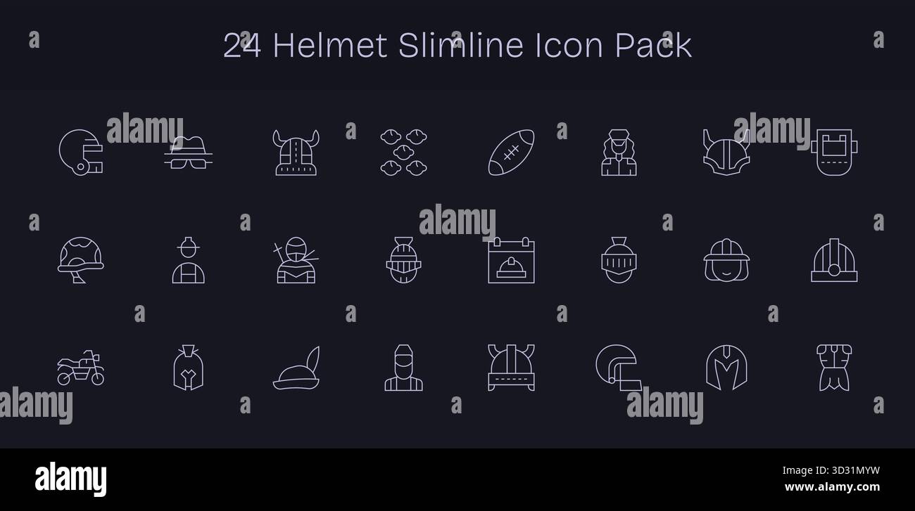 Diese Kollektion umfasst 24 Symbole im Slim Line-Stil, die speziell auf das Helmthema abgestimmt sind und sich hervorragend für digitales Design eignen. Stock Vektor