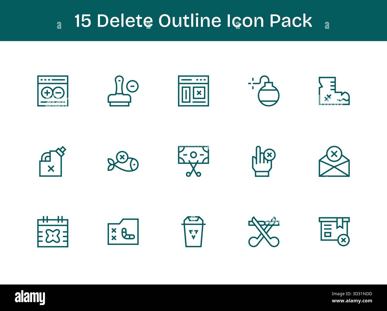 Optimieren Sie Ihre Projekte mit 15 Umrisssymbolen rund um Löschen, ideal für saubere und professionelle Designs. Stock Vektor