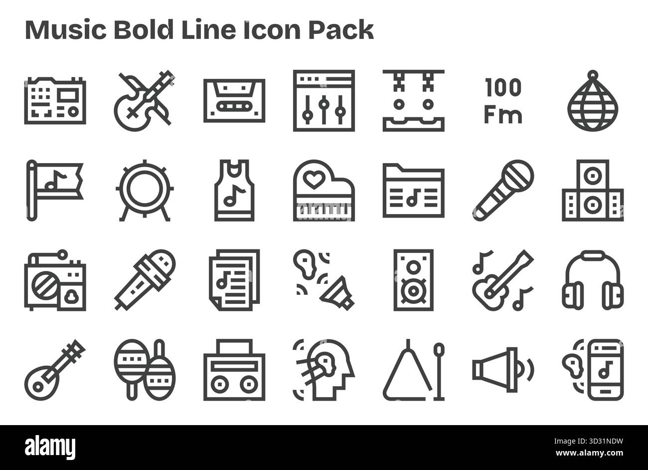 Diese Kollektion enthält 28 Symbole im Stil Extra Bold Line, die speziell auf das Thema Musik abgestimmt sind und sich hervorragend für digitales Design eignen. Stock Vektor