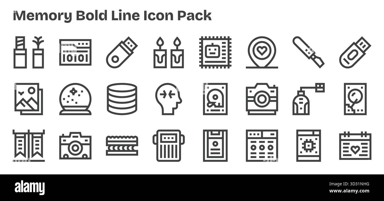 Vektorpaket mit 24 fett formatierten Symbolen, inspiriert vom Speicher, ideal für skalierbare und kreative Designarbeiten. Stock Vektor