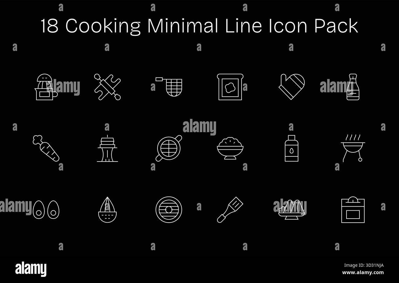 Entdecken Sie ein Set von 18 Minimal Line Symbolen, die speziell für das Thema „Kochen“ entwickelt wurden und sich ideal für moderne UI/UX-Projekte eignen. Stock Vektor